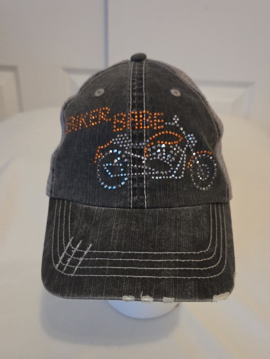 Accessories - Womens Black Distressed Rhinestone Motorcycle Baseball Cap
